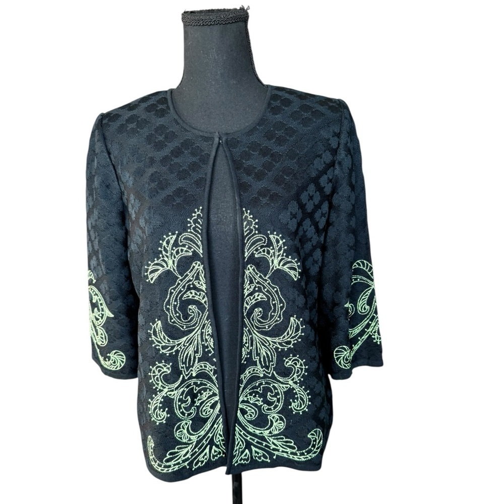 Ming Wang S Black Embroidered Open Cardigan Jacket Neon Trim Textured Knit AA8